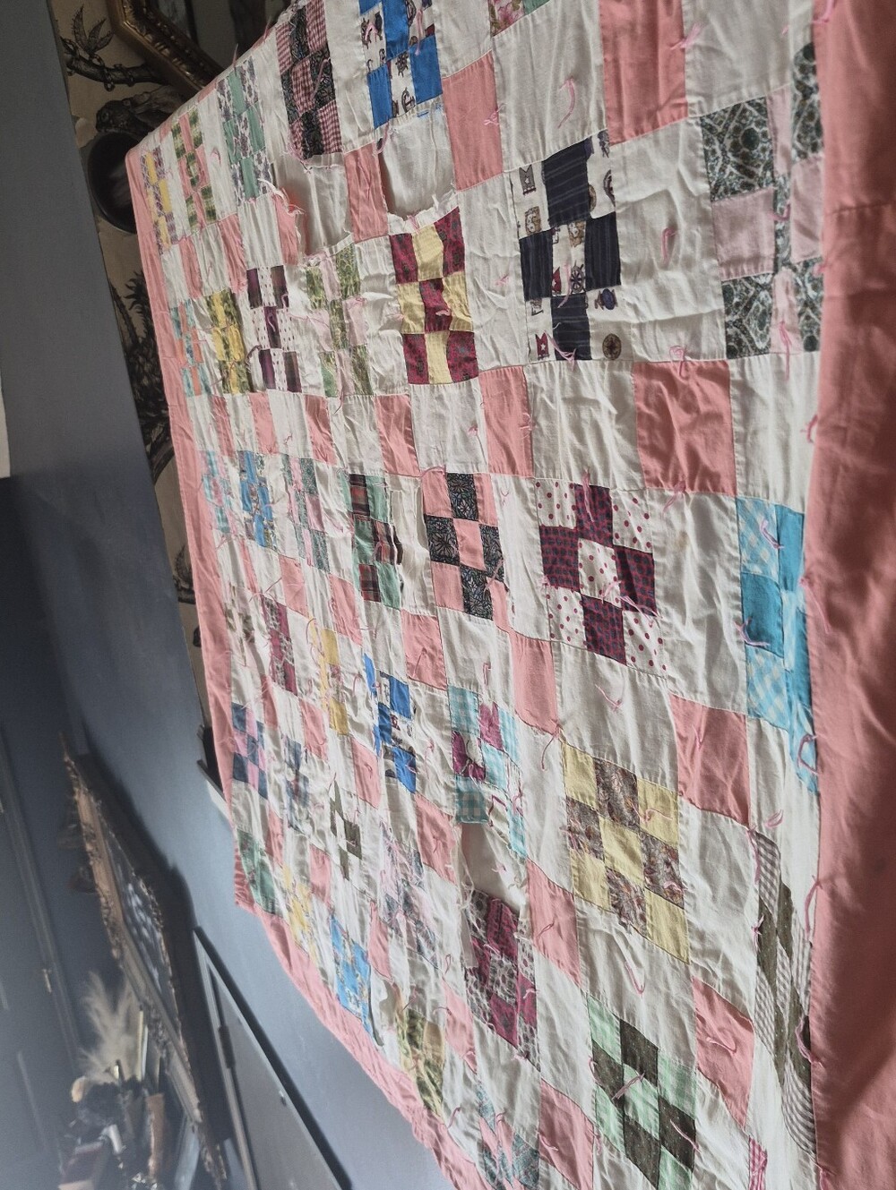 Handmade Patchwork Quilt in Pink and Multi-Color 52"×68"